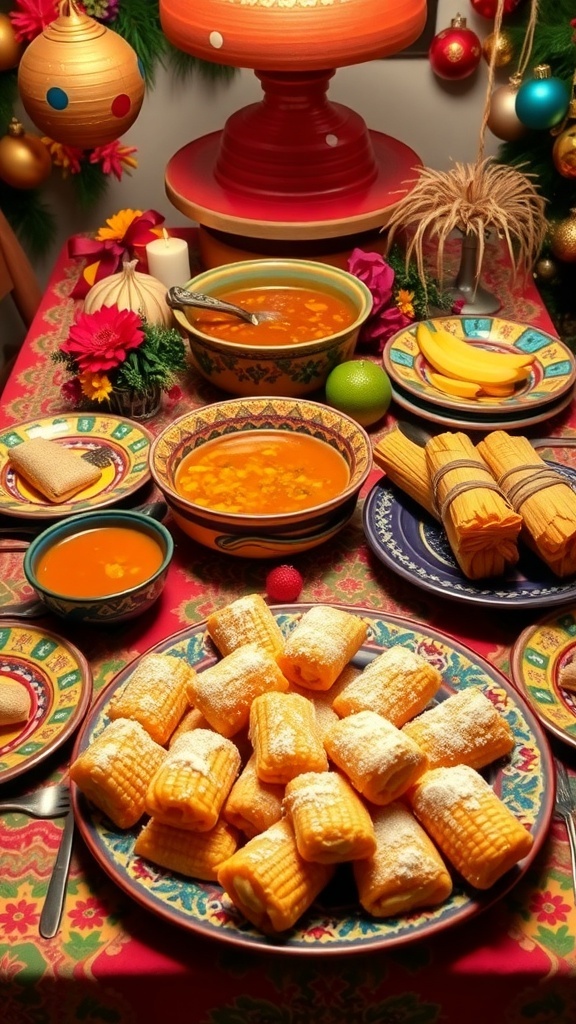 Festive Mexican Christmas Dinner A vibrant Mexican Christmas dinner with pozole, tamales, and buñuelos on a decorated table.